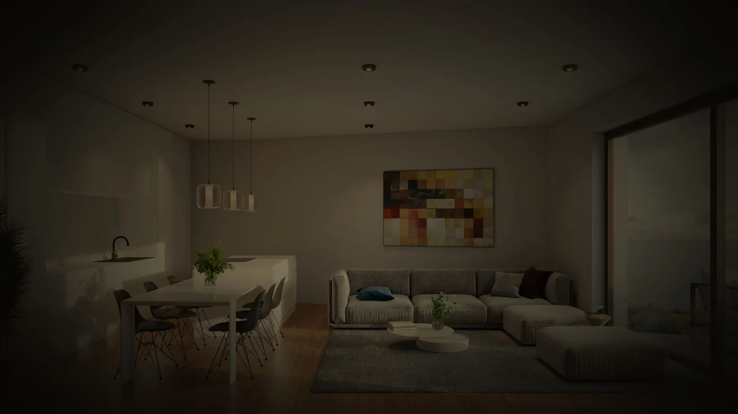SÃ©jour ouvert sur la cuisine, ambiance de crÃ©puscule â€” rendu acom architecture & urbanisme
